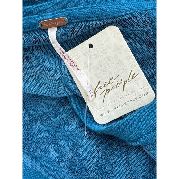 New ~ FREE PEOPLE ~ Women's Blue Sidney Embroidered Mixed Media Blouse Top Sz S - Picture 6 of 9